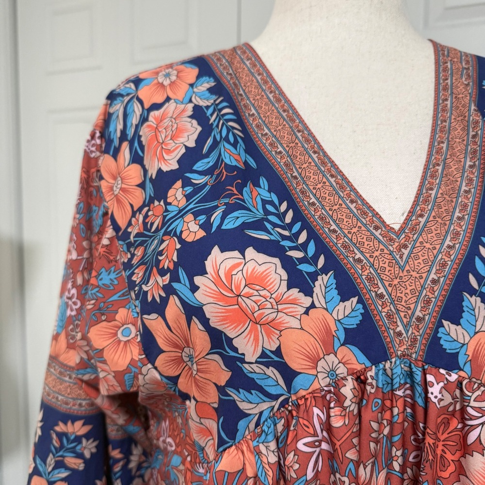 Flowy Bohemian Orange Blue Paisley Floral Mini V Neck Womens Large Dress cottage - Picture 3 of 10